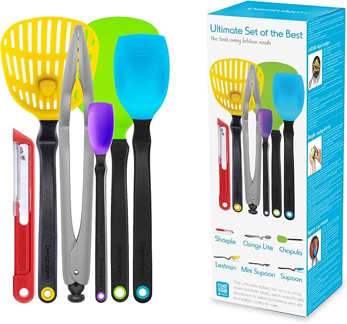 Dreamfarm Ultimate Set of The Best Silicone & Nylon Non-Stick-Safe Kitchen Cooking Utensils Set with Chopula, Supoons, Clongs Lite, Sharple, & Lestrain - Party Mix