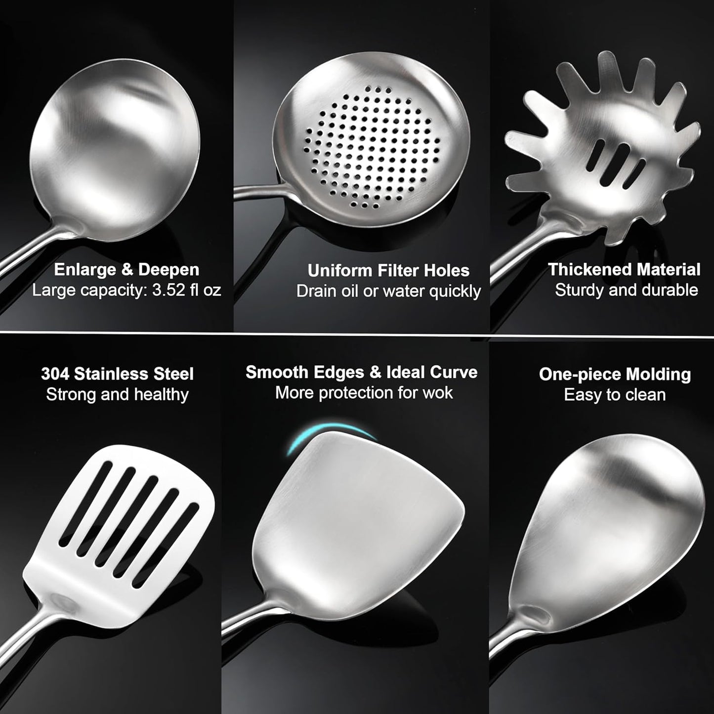 18/10 Stainless Steel Kitchen Utensils Set with Wooden Handle for Cooking 9 PCS with Solid and Slotted Spoon, Fork, Spatula, Ladle, Skimmer, Slotted Tunner, Spaghetti and Large Spoon