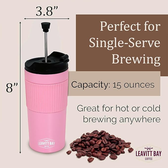 Portable French Press Travel Mug – Insulated Stainless Steel French Press Mug for Hot or Cold Brew – Durable Travel Coffee Maker – On-the-Go Tea & Coffee Maker (Pink)