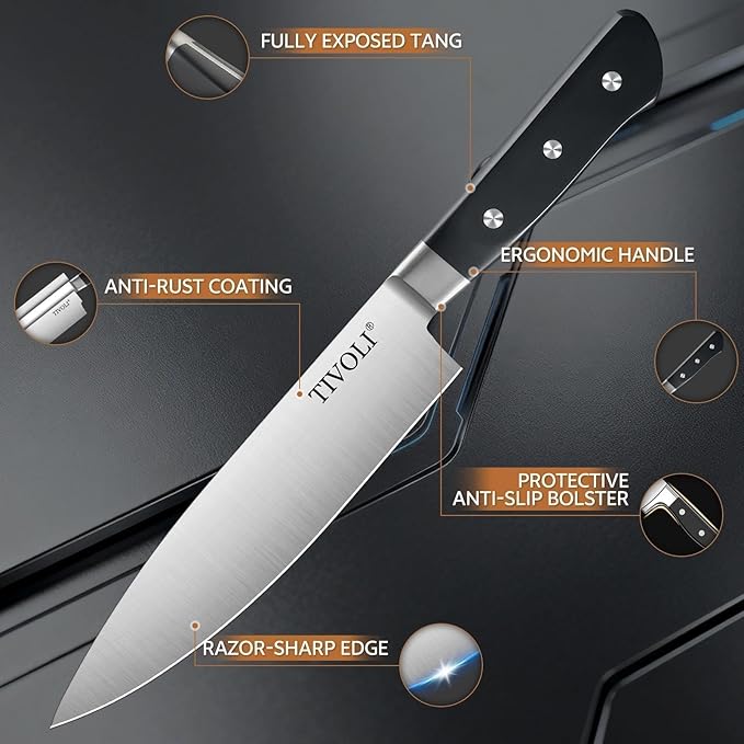 TIVOLI Knife Block Set, 15 PCS Kitchen Knife Set with Block & Honing Rod & Kitchen Scissor, High Carbon Stainless Steel Cutlery Knife Set, Ergonomic Wood Handle, Gifts For Cooks, Black