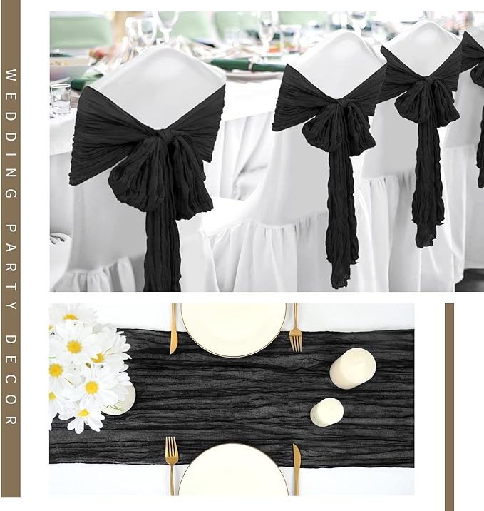 12 Pack Cheesecloth Table Runner 20 x 120 inch Cheese Cloth Table Runner Bulk,Romantic Boho Sheer Gauze Fabric Table Runners for Wedding Reception,Party,Bridal Shower Table Decor(Black)