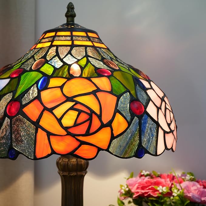 Tiffany Style Stained Glass Lamp Red Orange Purple Pink Rose Table Lamp Bedroom Bedside Reading Desk Light for Living Office Retro Unique Cute Accent Decor 12" Village Gift Nightstand Lamps