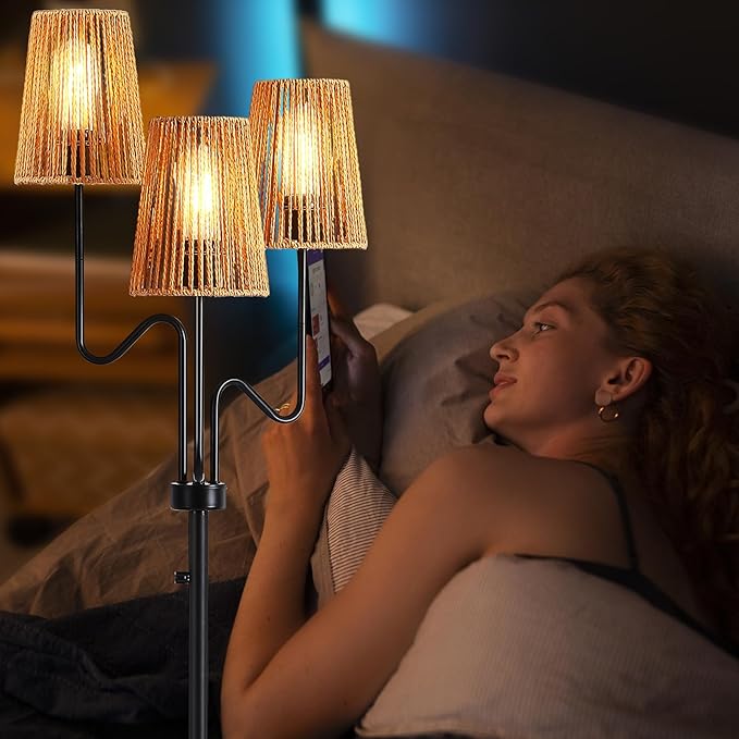 9MMML Farmhouse Boho Dimmable Floor Lamp with Rattan Shade, 68'' Tall Floor Standing Lamp, 3-Light Floor Lamp for Living Room, Bedroom, Office, Corner, 3 x E26 LED Bulb Included