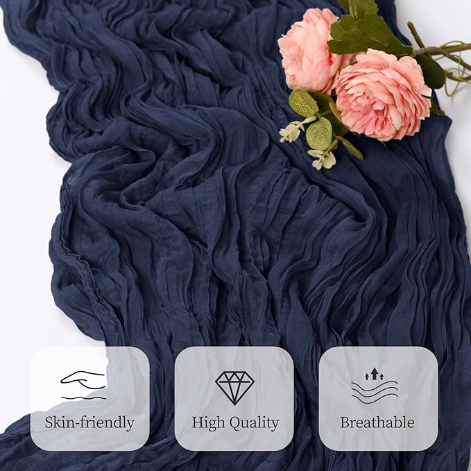 6 Pack Navy Blue Cheesecloth Table Runner 17x108 Inch Semi Sheer Boho Gauze Cheese Cloth Fabric Table Runners, for Wedding Party Baby Shower Birthday Home Decor Garden Farmhouse