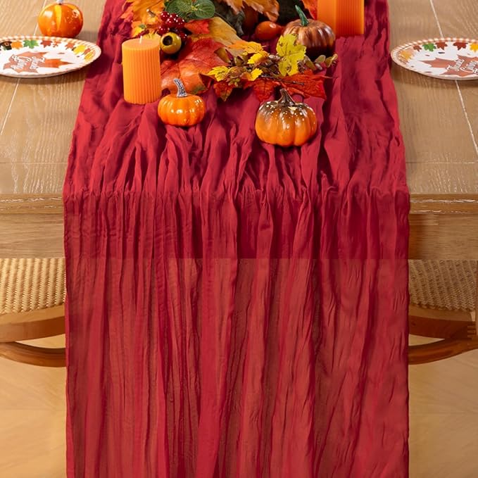 MLMC Red Table Runner 10ft Boho Gauze Cheesecloth Table Runner Rustic Cheese Cloth Decor 35x120 Inches for Wedding Reception Home Winter Christmas Valentine's Day Decor
