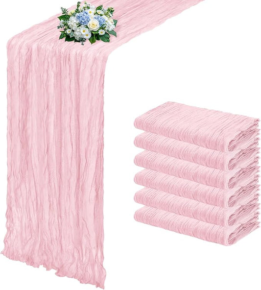 6 Pack Light Pink Cheesecloth Table Runner 17x108 Inch Semi Sheer Boho Gauze Cheese Cloth Fabric Table Runners, for Wedding Party Baby Shower Birthday Home Decor Garden Farmhouse