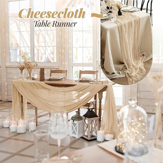 Aktor 12 Pack Beige Cheesecloth Table Runner 10Ft Gauze Table Runner Boho Semi Sheer Cheese Cloth Fabric Runners for Wedding Birthday Baby Shower Party Table Decoration（Beige）