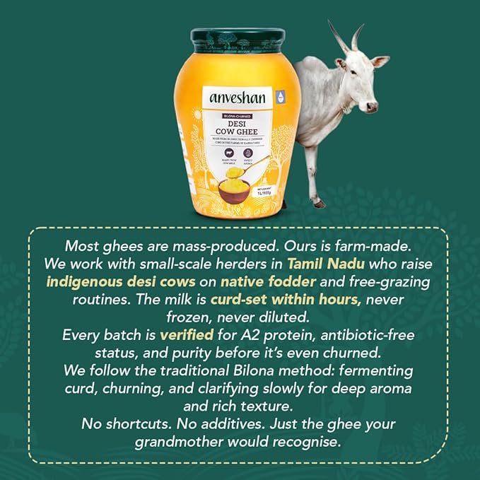 Anveshan Cow Ghee 1 Litre | Gut friendly | Keto friendly | High smoke point | Sustainably sourced | Casein free | Clarified Butter | Grass-Fed | Pasture-Raised
