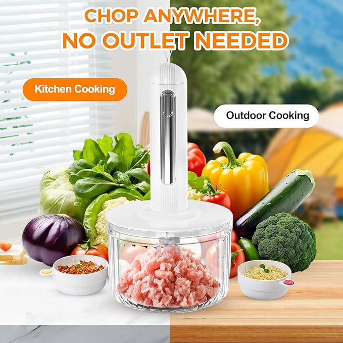 Food Processor Glass, Electric Food Chopper with 4 Bowls(8 Cup + 3 x 0.5 Cup) 2 Stainless Steel Blades USB Rechargeable Meat Grinder & Vegetable Chopper for Kitchen