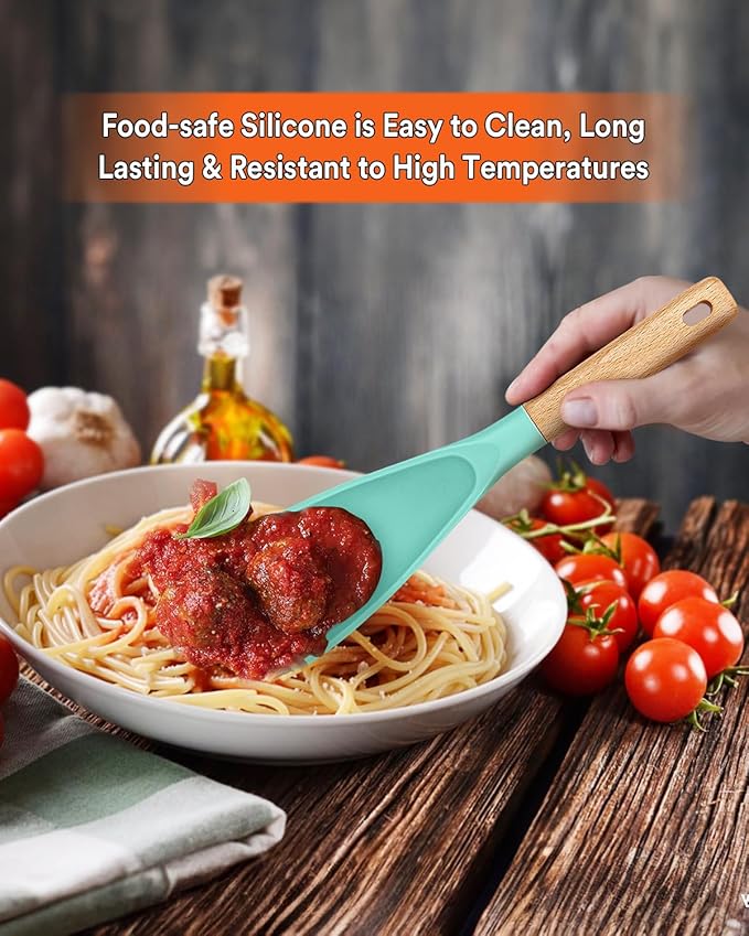 Cooking Spoon for Nonstick Cookwares, Great for Cooking and Serving Sturdy BPA-Free Matte Silicone, Wood Handle Spoon for Mixing, Scoop, and Scrape (GREEN)