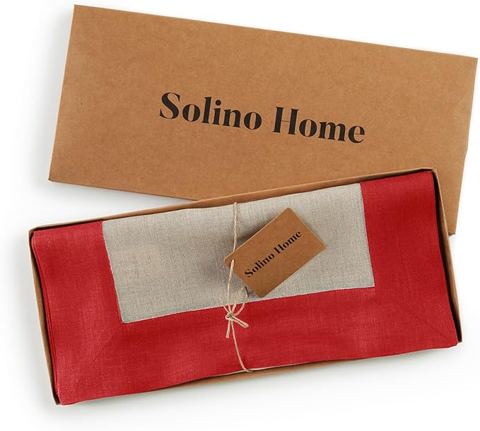 Solino Home Linen Table Runner 120 Inches Long - Red and Natural 100% Pure Linen 14 x 120 Inch Table Runner for Dining, Christmas, Holiday, Winter, New Year - Contempo