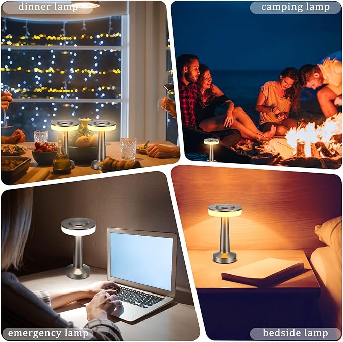 Riakrum 2 Pcs LED Portable Cordless Table Lamp with Touch Sensor 3 Color Stepless Dimming Rechargeable Battery up to 15 Hours Cordless Table Light Wireless Lamp for Nursery (Silver)