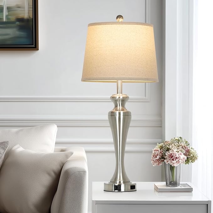 30" Silver Table Lamps Set of 2, 3-Way Dimmable Touch Bedside Lamp with USB A+C Ports and AC Outlet, Tall Living Room Lamps for Side Table, Modern Brushed Nickel Bedroom Lamp for Nightstand