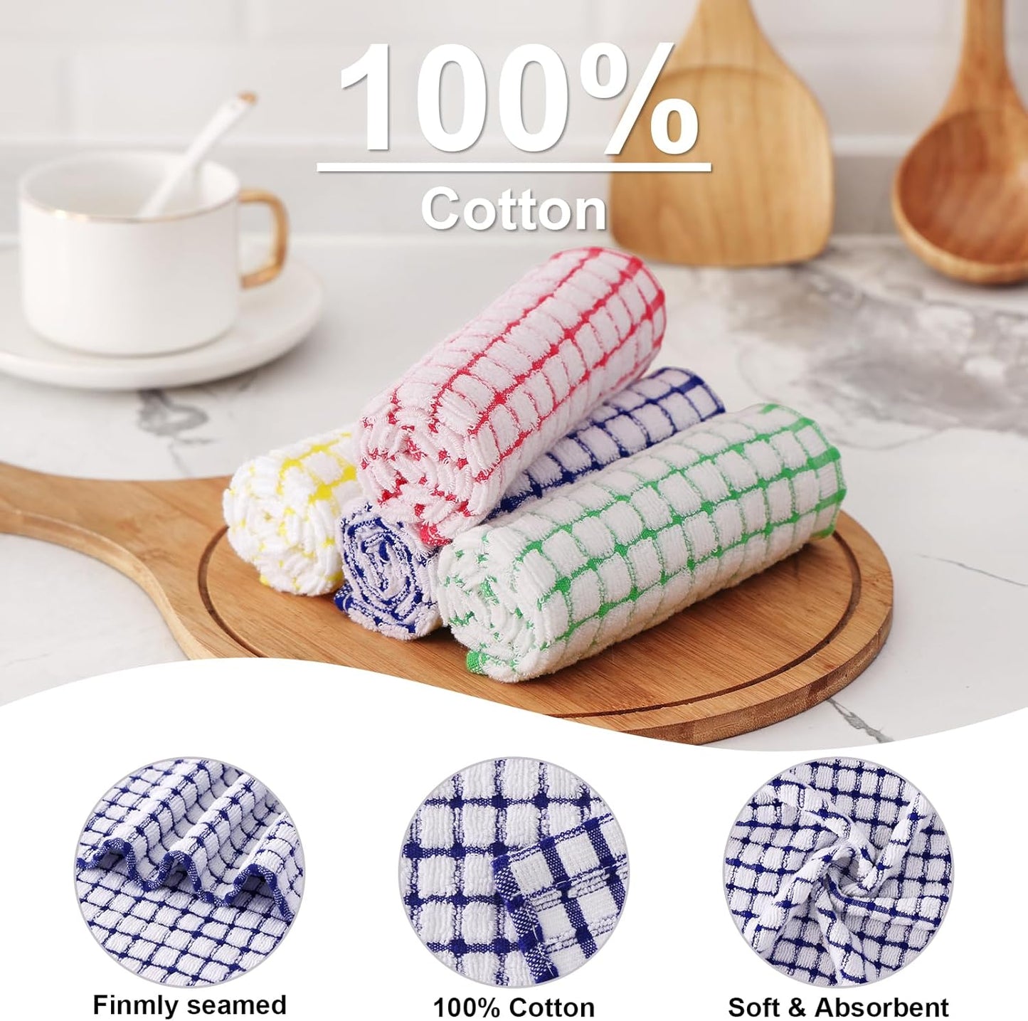 Kitinjoy Cotton 12 Pack Terry Kitchen Towels, 16 x 25 Inches Super Soft and Absorbent Dish Towels, Quick Drying Hand Towels for Kitchen Drying, Multiple Colour