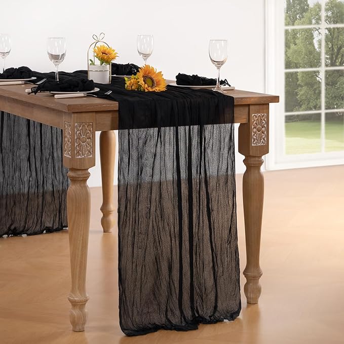 Black Cheesecloth Table Runner Christmas Table Runner 120 Inches Boho Gauze Cheese Cloth Table Decor for Xmas Holiday Season Wedding Bridal Baby Shower Party Decor