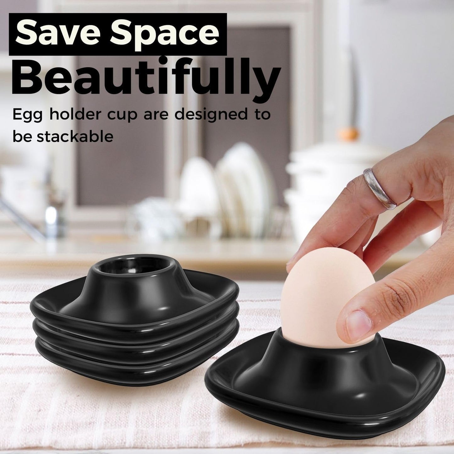 Flexzion Soft Boiled Egg Holder Set - 4-Piece Black Ceramic Egg Cup, Stackable Egg Coddler Cups with Base for Serving, Breakfast, Brunch - Kitchen Table Decor, Black