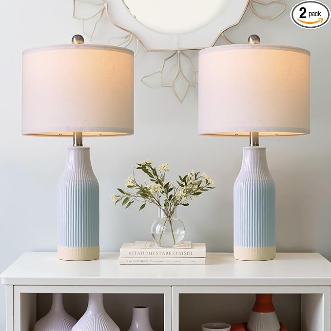 23.75inch Light Blue Modern Ceramic Bedside Lamp Set of 2 for Bedroom Decor Farmhouse Table Lamp for Living Room Office Dorm