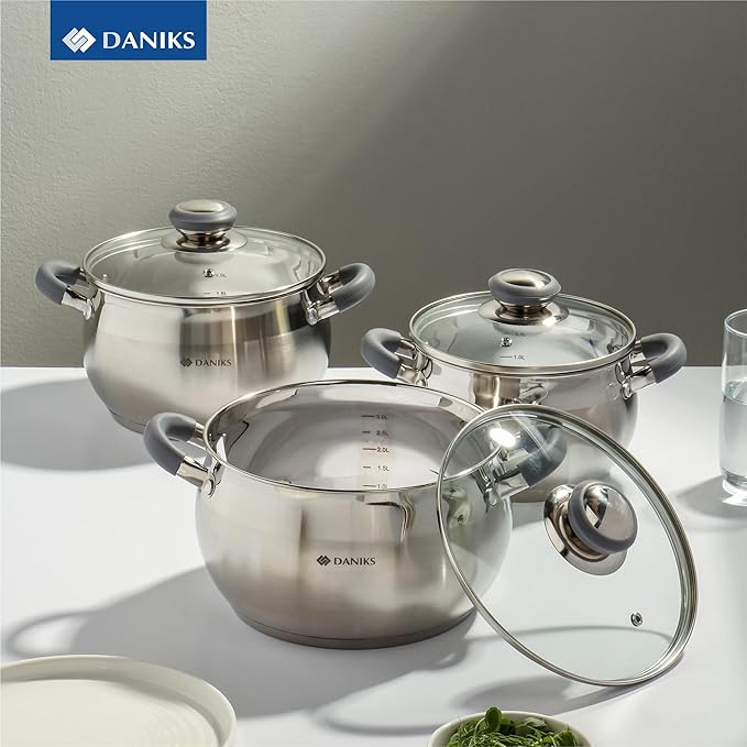 Daniks Modern 6-Piece Stainless Steel Cookware Set with Glass Lids, Tri-Ply Bases for Even Heating, Induction Compatible, Dishwasher Safe, Heatproof Handles