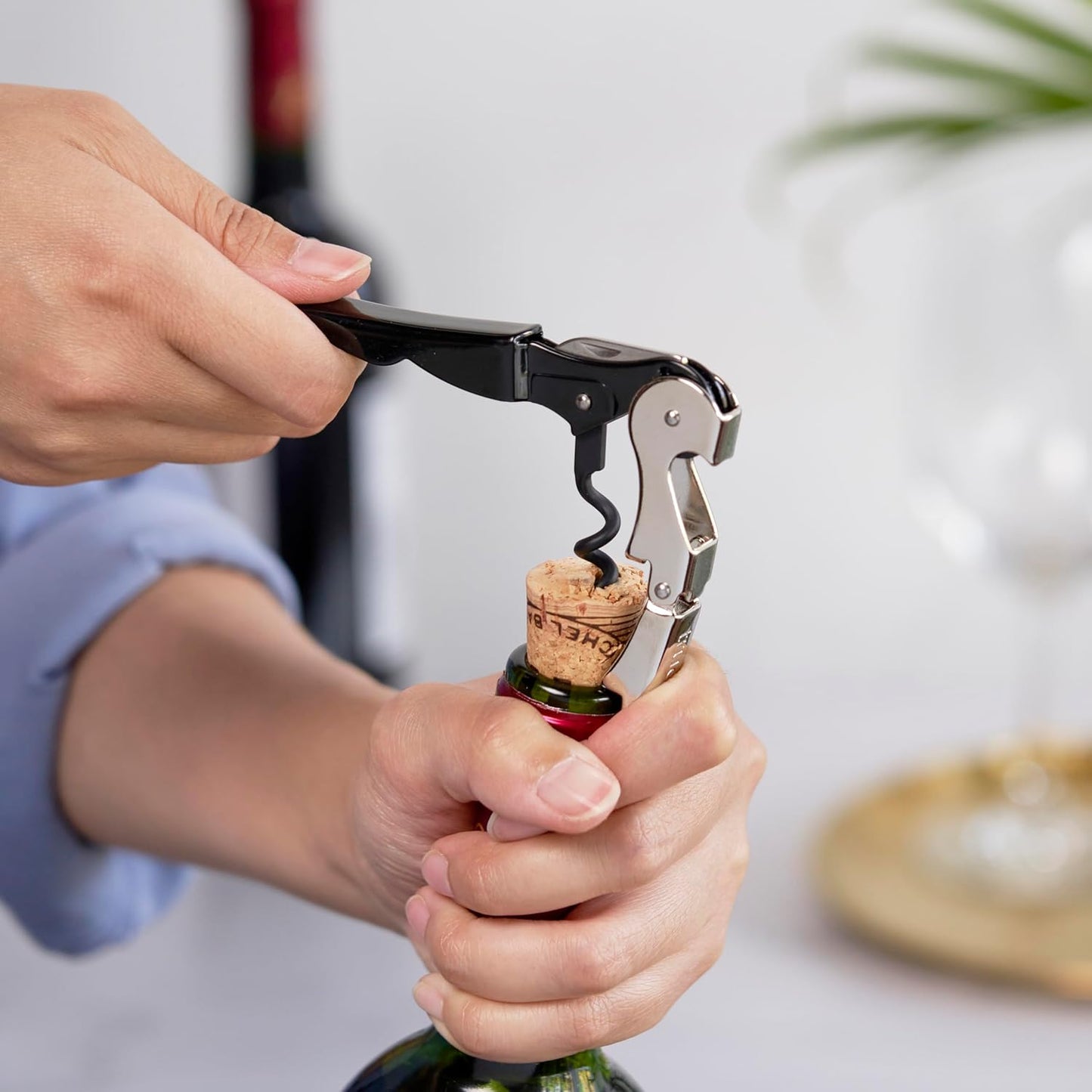 True Brands TrueTap Double Hinged Waiters Corkscrew, Top-notch Stainless Steel Opener with Foil Cutter Built to Last Wine Key Black Silver, Set of 1