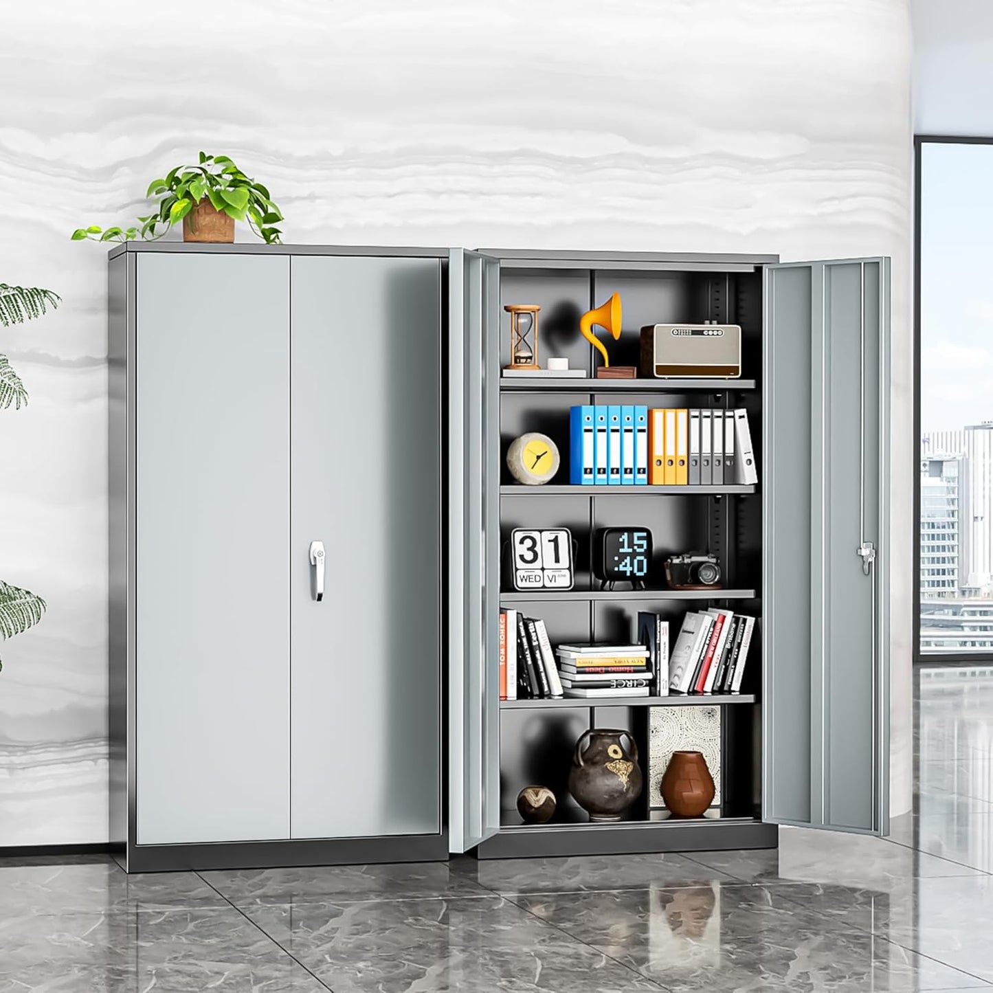 INTERGREAT Metal Storage Cabinets 72” Black Grey Garage Steel Storage Cabinet with Doors and Shelves, Steel File Cabinet for Home Office, Basement, Warehouse, Classroom（Anti Tipping）