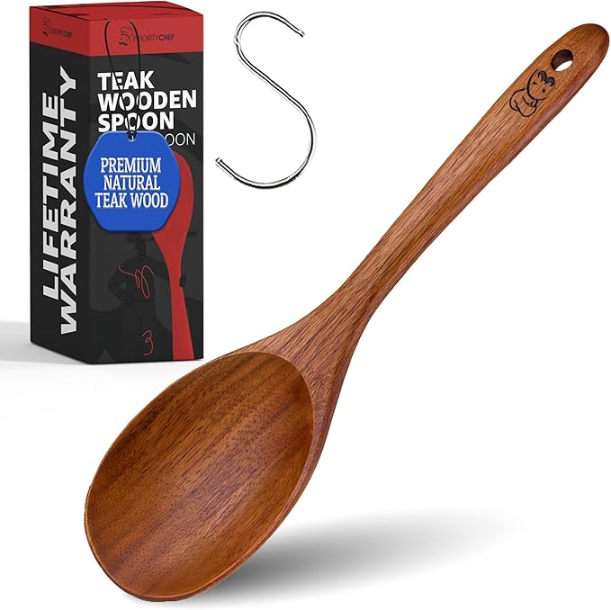 Priority Chef Wooden Spoon for Cooking – Solid Premium Non Toxic Teak Wood Spoon, Nonstick-Safe Kitchen Utensil for Stirring, Serving & Everyday Use