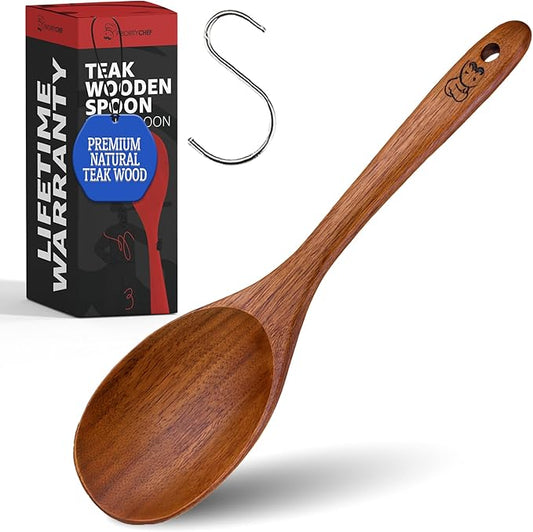 Priority Chef Wooden Spoon for Cooking – Solid Premium Non Toxic Teak Wood Spoon, Nonstick-Safe Kitchen Utensil for Stirring, Serving & Everyday Use