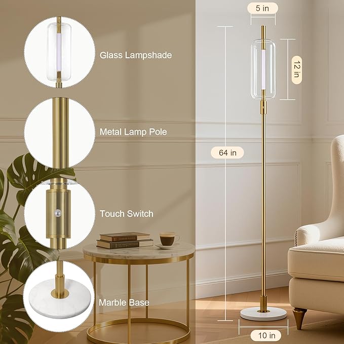 Dimmable Glass Floor Lamps for Living Room, Modern Standing Floor Lamp with Glass Lampshade, Marble Base, 64" Tall Lamp with Touch Switch for Bedroom Office Living Room