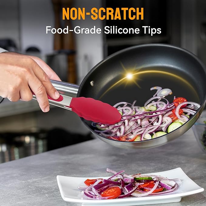 HOTEC Premium Stainless Steel Locking Kitchen Tongs with Silicon Tips, Set of 2-9" and 12"(Red)