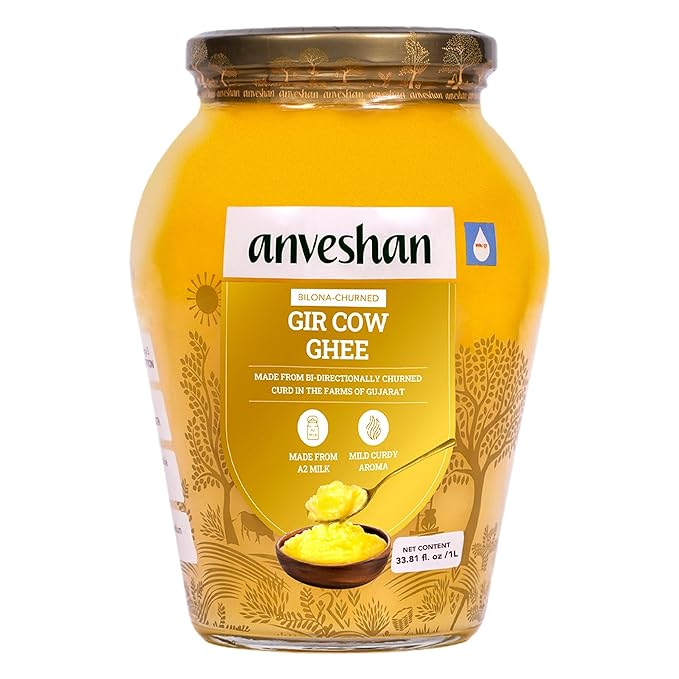Anveshan A2 Gir Cow Ghee Clarified Butter 33 Fl. Oz/1000mL | Grass-Fed | Pasture-Raised | Gut Friendly | Keto Friendly | High Smoke Point | Sustainably Sourced | Casein Free