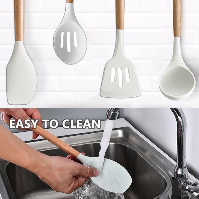 Silicone Kitchen Utensils Set of 5, Cooking Utensil Set with Heat Resistant Wooden Handle Non-Stick Silicone Spatula Spoon Turner Ladle, BPA FREE Cooking Kitchen Gadgets for Cookware & Baking