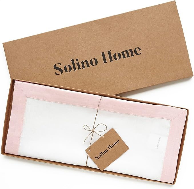 Solino Home Linen Table Runner 60 Inches - 100% Pure Linen Blush Pink and White Small Table Runner 14 x 60 Inch Ideal for Dresser and Coffee Tables, Christmas - Classic