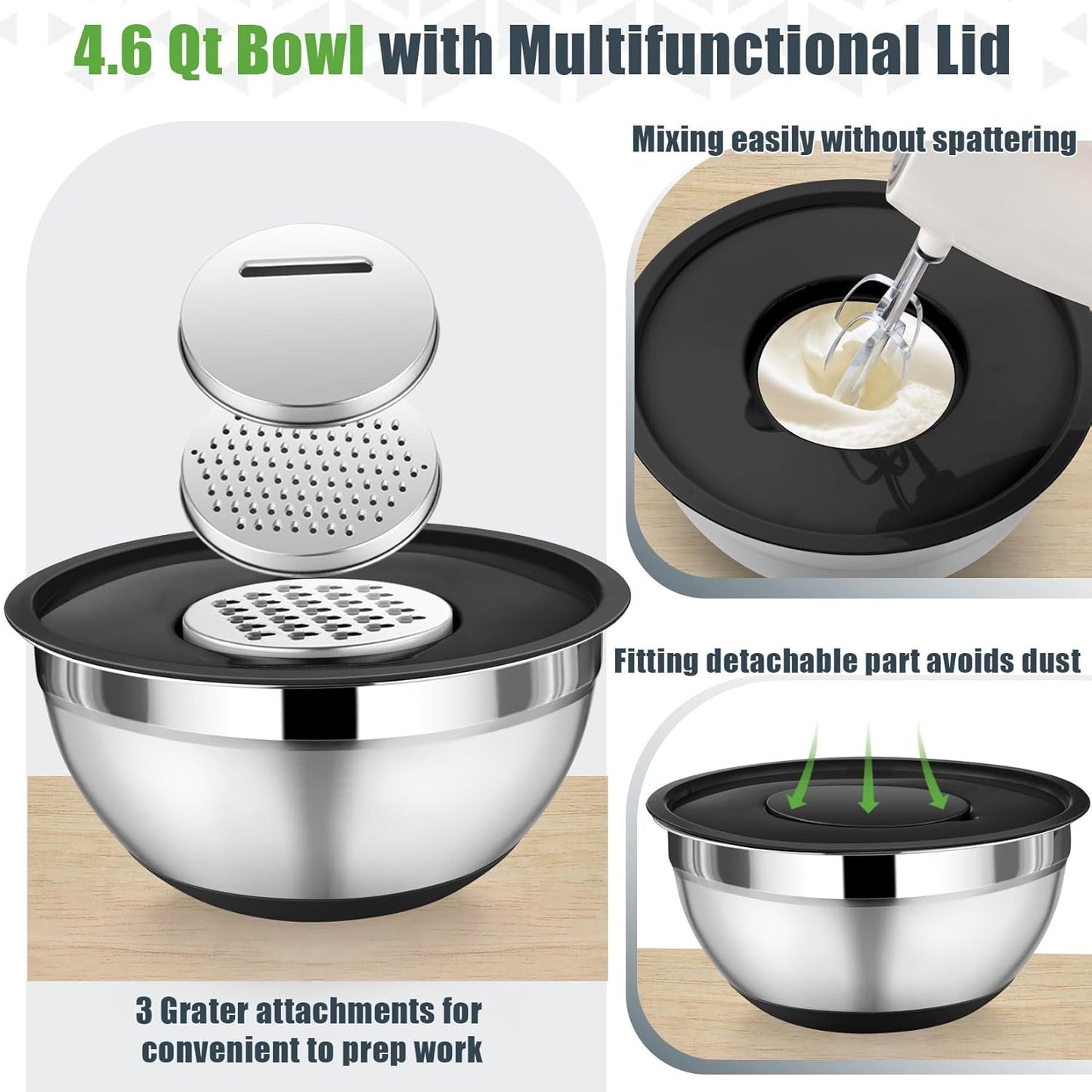P&P CHEF Mixing Bowl with Lids Set of 3, Stainless Steel Nesting Salad Bowls for Serving Preparing, 3 Grater Attachments & Non-Slip Bottoms, Size 1.5/2.6/4.6 QT, Black