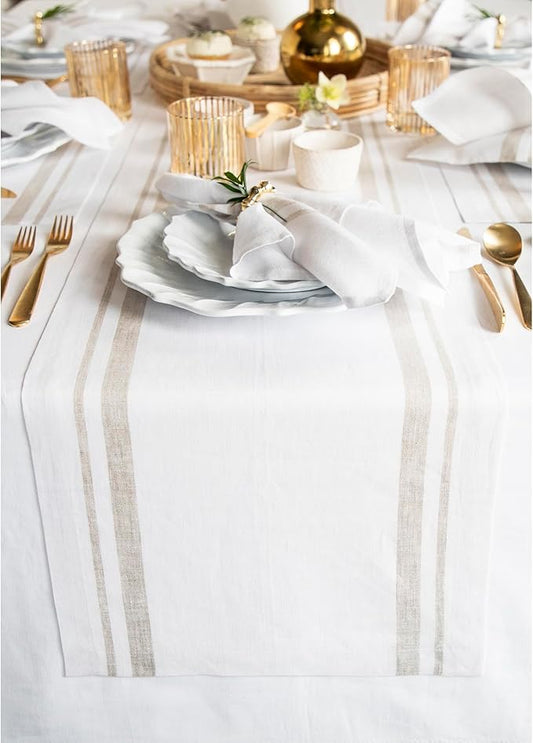 Solino Home Striped Linen Table Runner 60 Inches - 100% Pure Linen Natural and White French Stripe Small Table Runner 14 x 60 Inch Ideal for Dresser and Coffee Tables