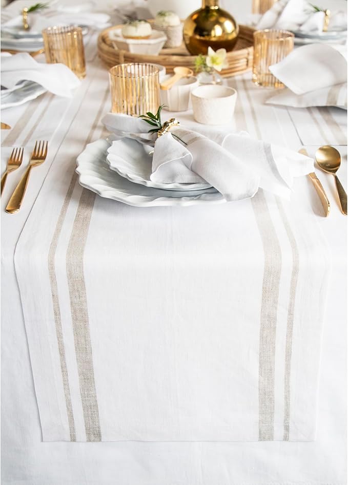 Solino Home Linen Table Runner 156 Inches Long - 100% Pure Linen Natural and White French Stripe Table Runner 14 x 156 Inch for Dining