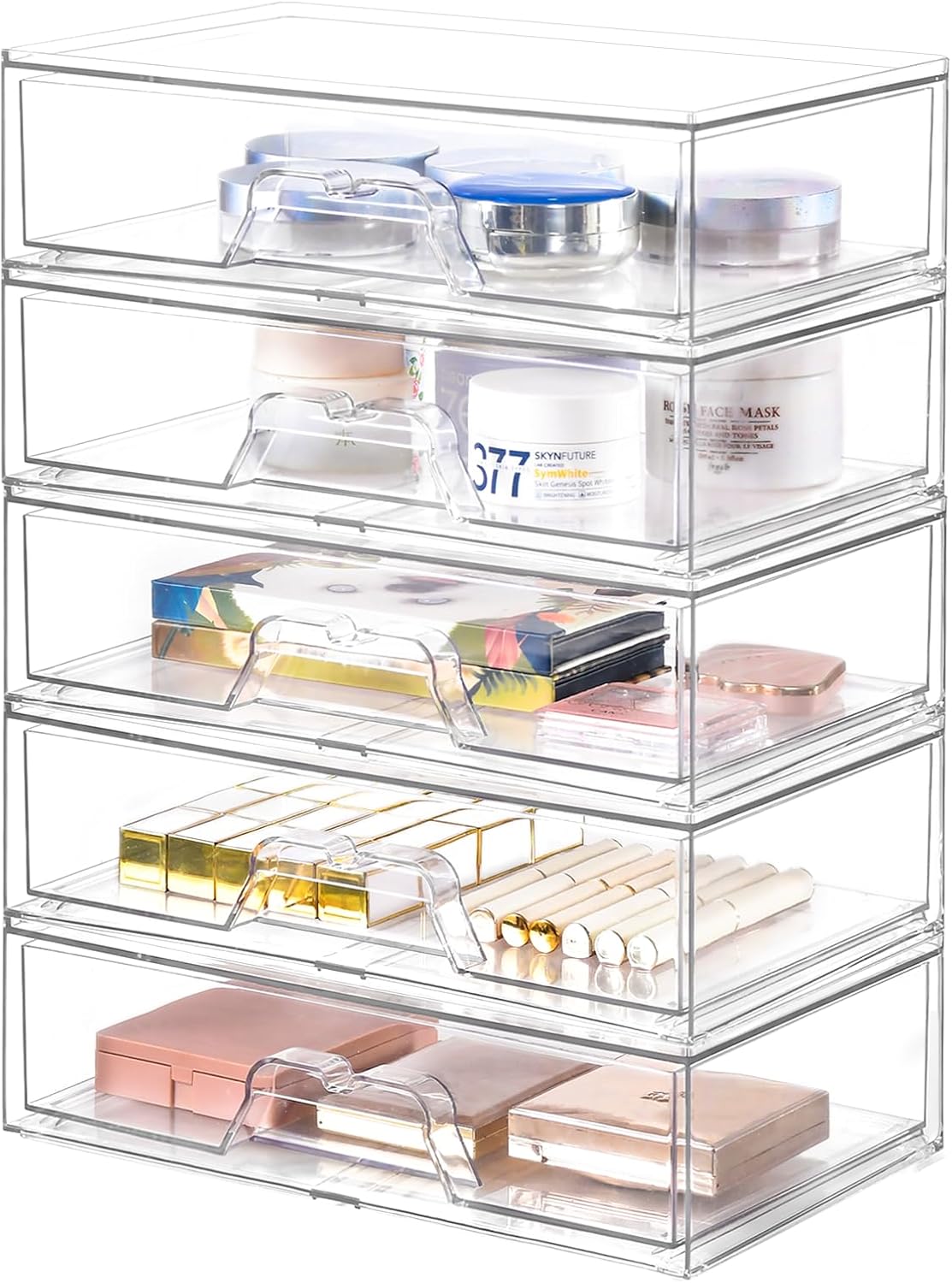 5 Pack Makeup Organizer Stackable, 12.1''L Bathroom Organizer and Storage Acrylic Undersink Drawer Organizer, Cosmetics and Beauty Supplies,Clear Plastic Storage Bins for Vanity,Pantry,Cabinet,Kitchen