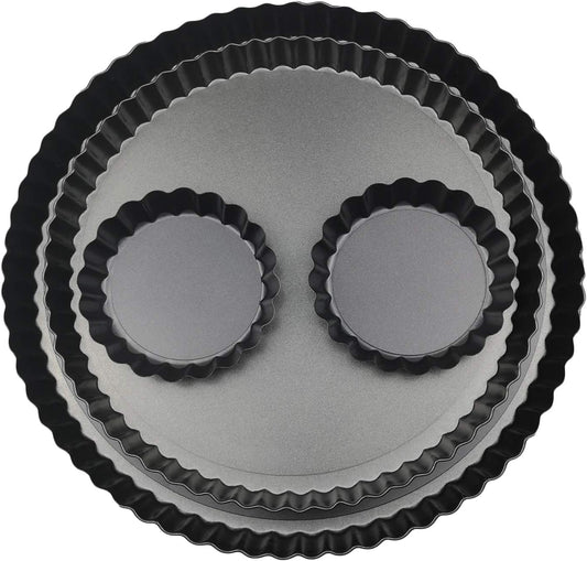 11 & 9 Inch Round Tart Pans with 2Pcs 4'' Mini Pans. Removable Bottom, Non-Stick Coating, Rugged Carbon Steel for Tart Quiche Pie Making. Gift for Christmas Thanksgiving Party Festival Family