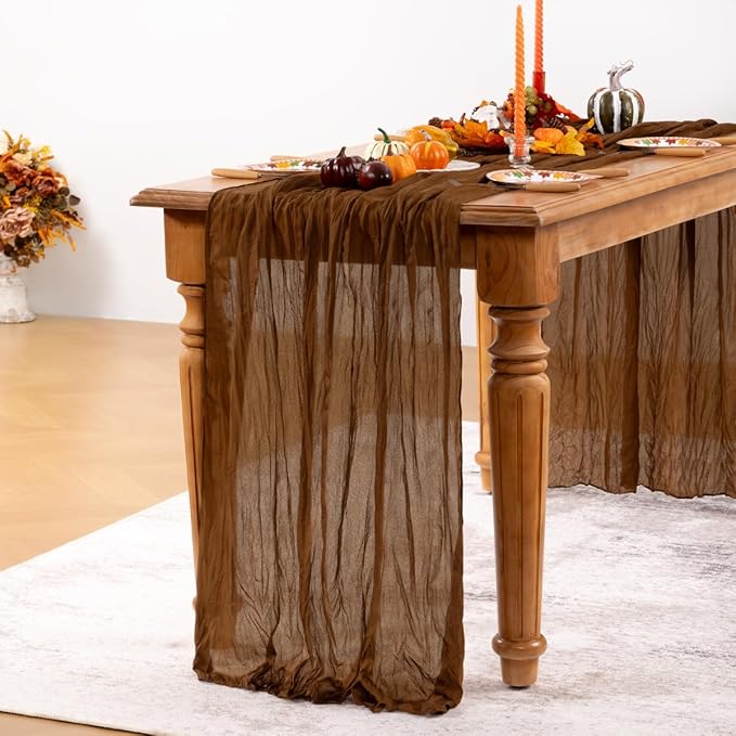 Brown Cheesecloth Table Runner Tan 6 Pack Christmas Table Runners Boho Gauze 120 Inches Marron Cheese Cloth Table Decor for Xmas Holiday Season Parties Wedding Bridal Baby Shower Tea Party