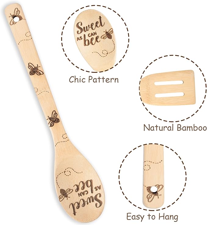 Eartim Bee Wooden Spoons Spatula Set - 5Pcs Bee Themed Cooking Utensil Natural Non-Stick Carve Burned Bamboo Spoon Slotted Spatula Cookware Kitchen Gadgets Housewarming Gift Chef Present Kitchen Decor