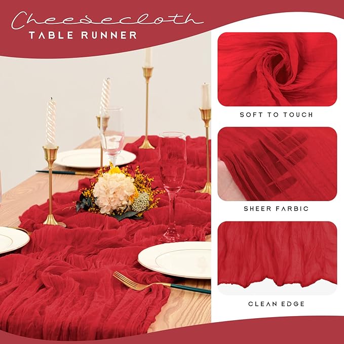 12 Pack Cheesecloth Table Runner 35 x 70 inch Long Boho Cheese Cloth Gauze Table Runners Semi Sheer Table Runner for Wedding Decor, Bridal Shower, Birthday Party (Red)
