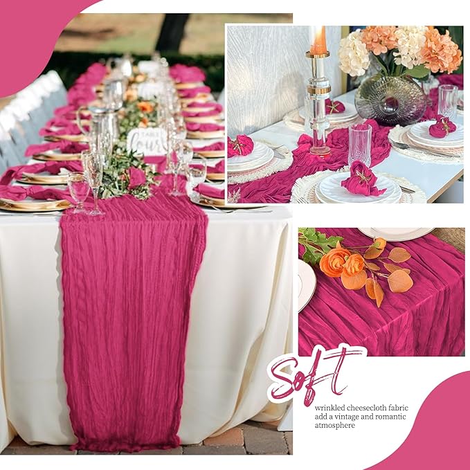 12 Pack Hot Pink Cheesecloth Table Runner 17x108 Inch Semi Sheer Boho Gauze Cheese Cloth Fabric Table Runners, for Wedding Party Baby Shower Birthday Home Decor Garden Farmhouse