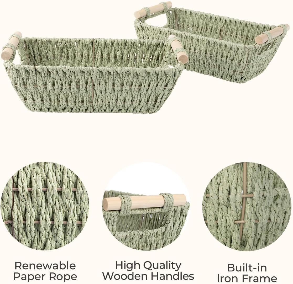 StorageWorks Round Paper Rope Woven Basket with Wooden Handles for Gifts, Small Woven Baskets for Bathroom, Bosana Green, 2-Pack
