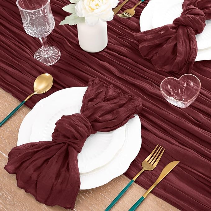 MLMC Burgundy Red Table Runner 10ft Rustic Gauze Wine Red Cheesecloth Table Runner Christmas Cheese Cloth Centerpiece 35x120 Inches for Wedding Bridal Shower Anniversary Valentine's Day Events Decor