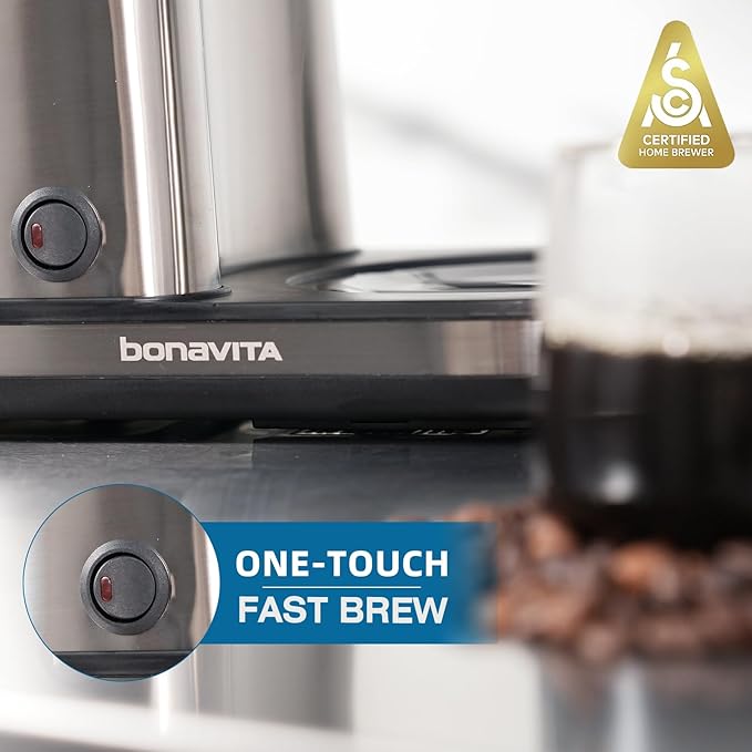 Bonavita 8 Cup Drip Coffee Maker Machine, One-Touch Pour Over, Auto Pause Brewing with Stainless Steel Double Wall Thermal Carafe, SCA Certified, Dishwasher Safe, BV1901TS