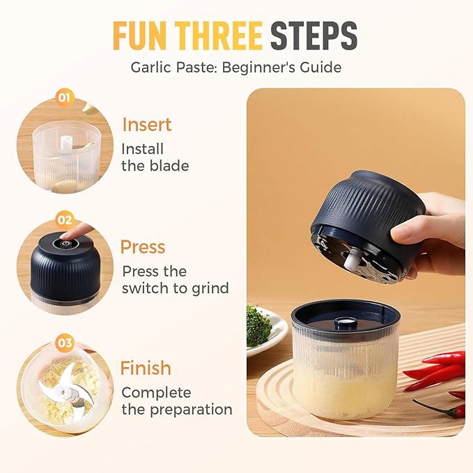 Electric Garlic Chopper, Mini Portable Veggie Chopper, 300ML Cordless Garlic Grinder Onion Masher, Food Processor for Ginger Chili Fruit Meat (White)