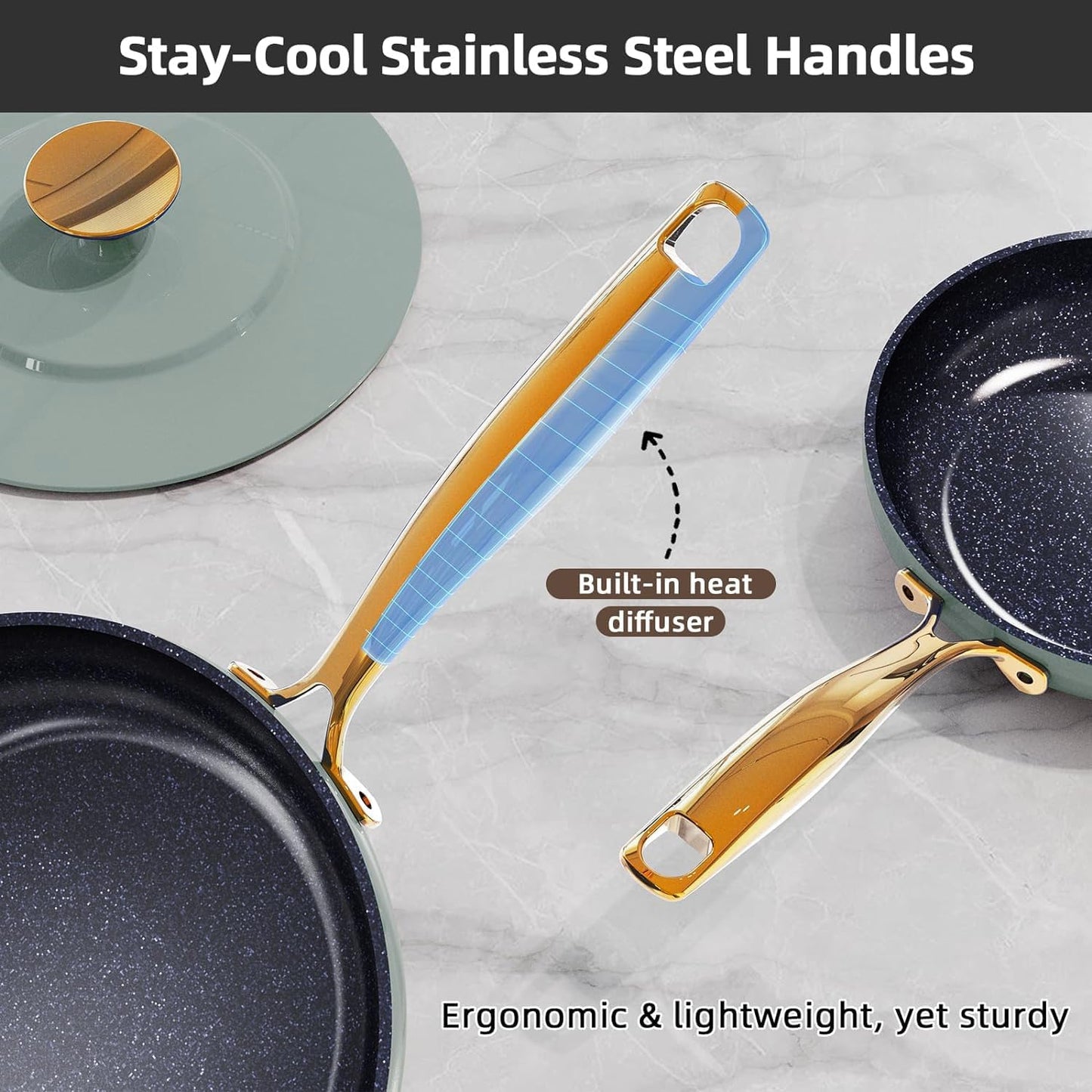 Nuwave Lux LE 13-Pc Cookware Set with Elegant Gold Handle, Diamond Infused Ceramic Non-Stick, PFAS Free, Premium Metal Lids, Ergonomic Stay-Cool Handles, Induction Ready & Compatible w/All Cooktops