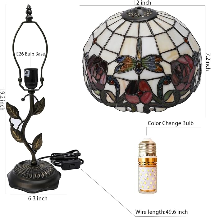 Stained Glass Table Lamp, Dragonfly Rose Style Lampshade & Metal Leaf Antique Base Desk Reading Light 12X12X19 Inches Decor for Bedroom Living Room Office
