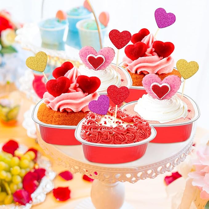 Heart Shaped Cake Pans Valentine Aluminum Mini Cake Pans with Lids for Baking 30 Packs 3.4 Ounces Disposable Cupcake Cup Pan Baking Pans for Valentine Mother's Day Wedding Birthday Baking Supplies