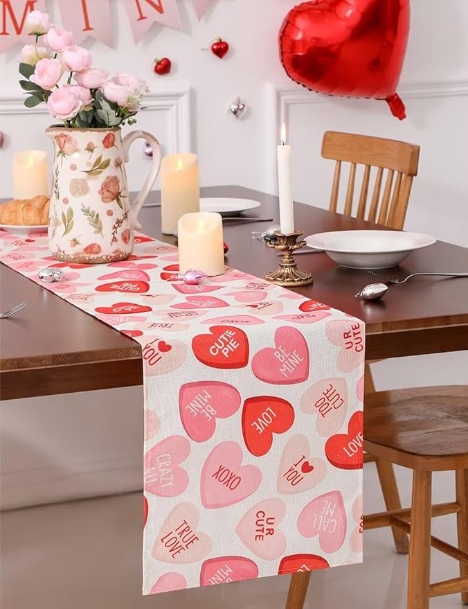 Pink Ture Love Heart Valentine's Day Table Runner 13"x72" & 4 Pcs 12"x18" Placemats Sets with 12 Heart Balloons, Love Letter Balloons, Stickers & Blowing Straw for Home Party Decor