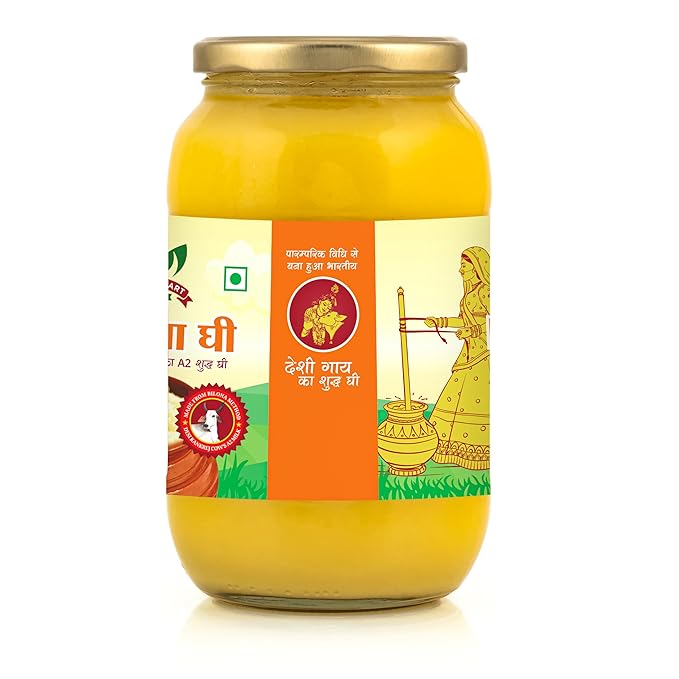 Gavyamart Ghee in Pantry 100% Pure Kankrej A2 Cow Desi Ghee Non GMO - Made Using Traditional Bilona Method Ghee 1 Litre - Glass Ghee jar Pack - A2 Ghee Cow Organic 1000ml