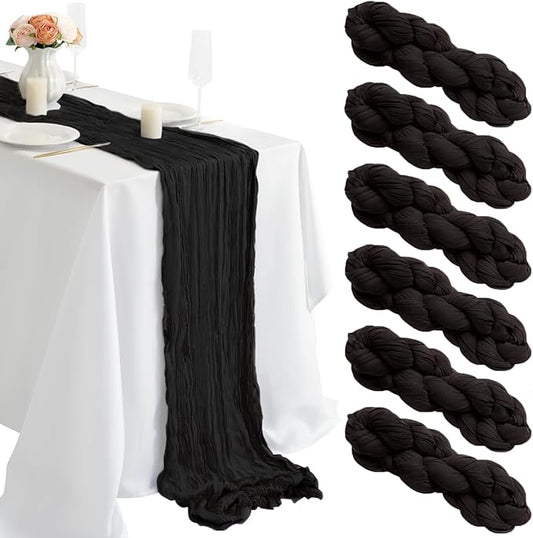 combocube 6 Pack 35x120 Inch 10Ft Cheesecloth Long Table Runner Gauze Rustic Romantic Table Cloth for Halloween Wedding Reception Bridal Shower Holiday Birthday Party Table Decorations, Black